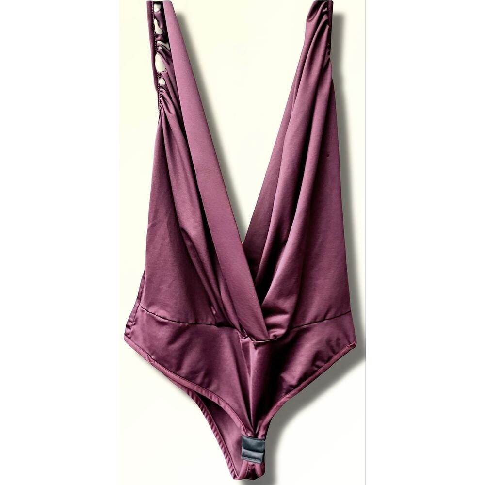 Deep V-Neck Plunging Bodysuit - dark Plum Satin Finish